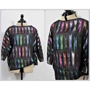 Teddi of California Sheer Black Blouse with Rainbow Metallic Print